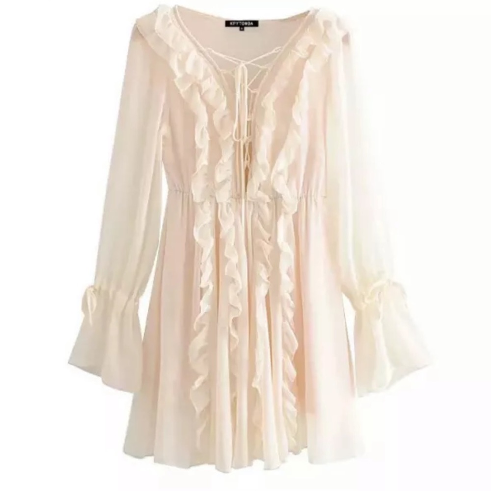 Dress lace up ruffle chic summer spring cream womens lace up - Picture 12 of 15